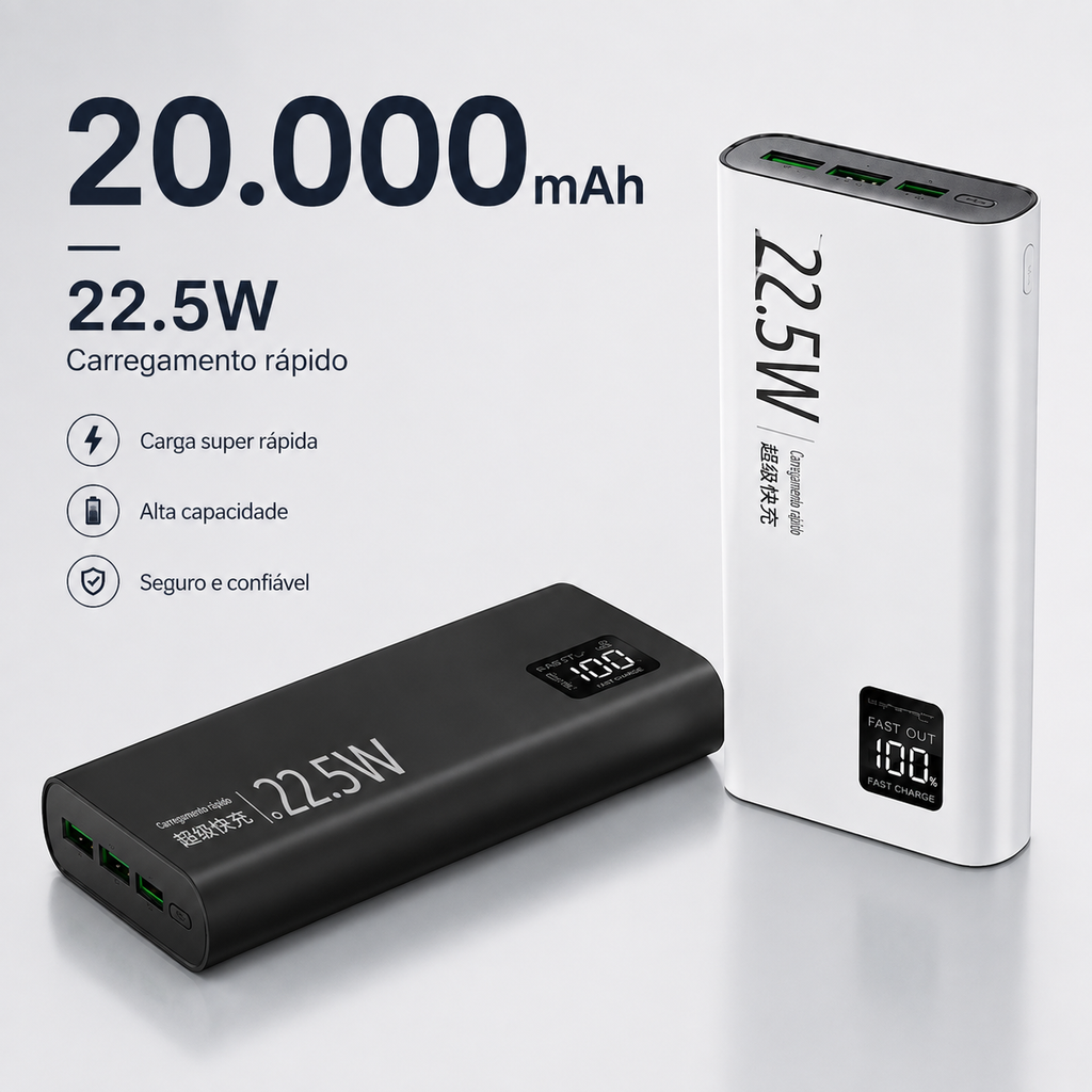 Powerbank 20.000mAh Turbo 22,5W com Visor Digital — Compre 1, Leve 2