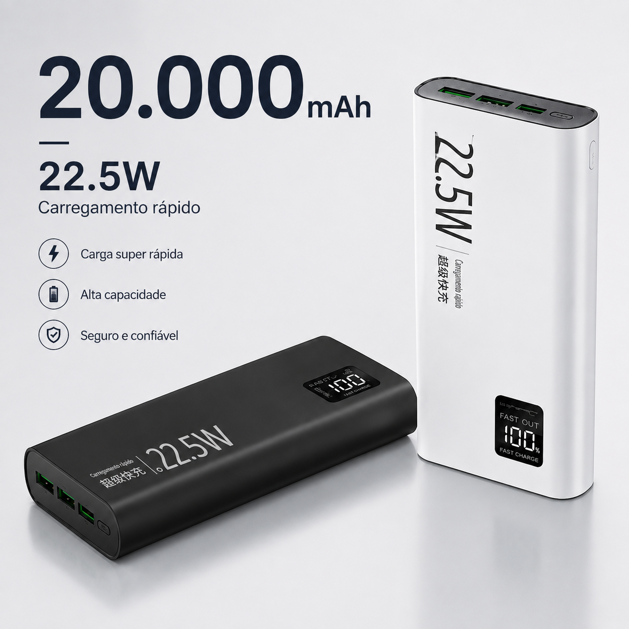 Powerbank 20.000mAh Turbo 22,5W com Visor Digital — Compre 1, Leve 2