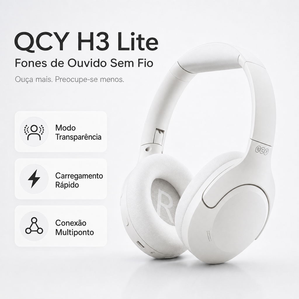 Headphone Bluetooth 5.3 QCY H3 Lite com Cancelamento de Ruído Ativo (ANC)