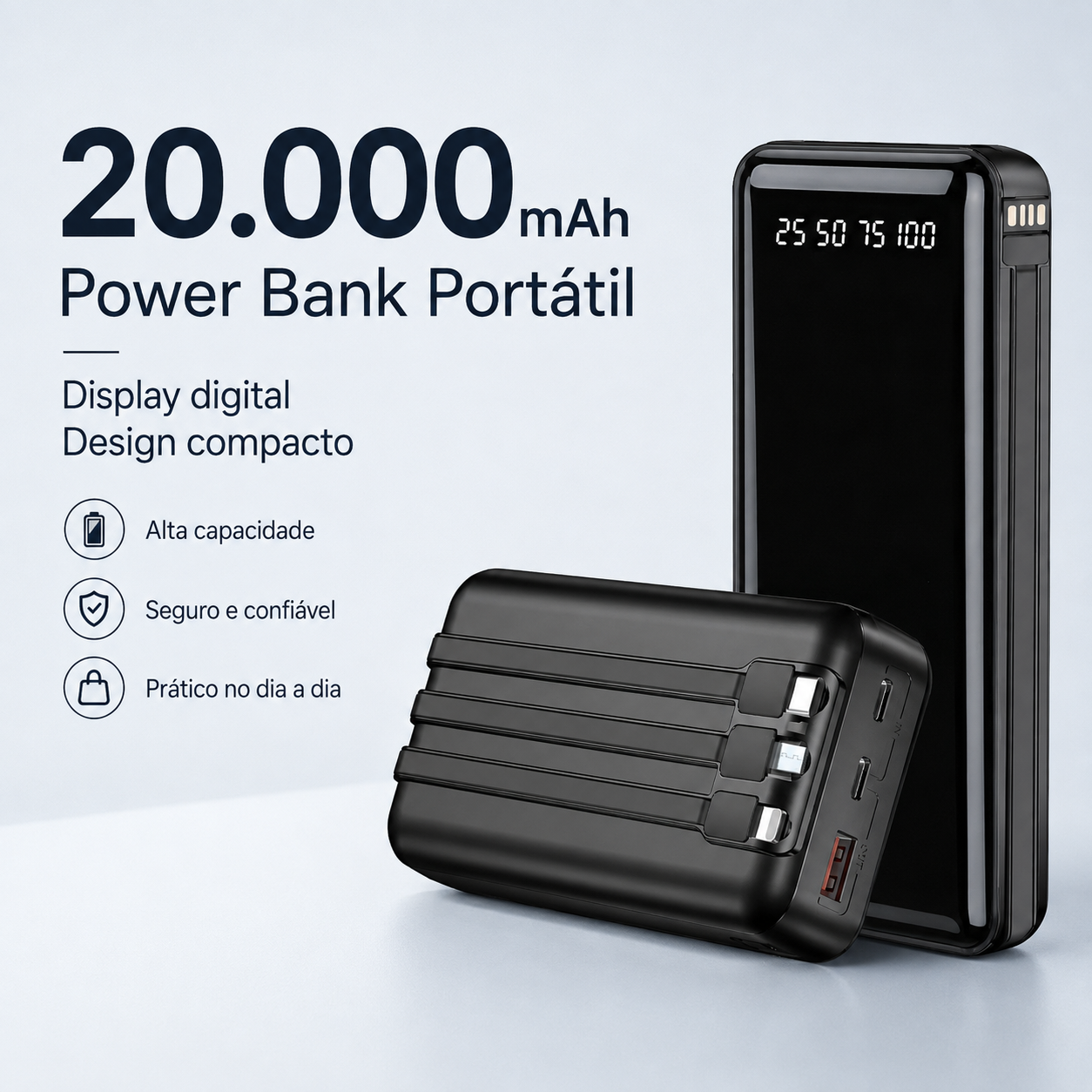 Powerbank 20.000mAh Carregamento Rápido para iPhone, Samsung e Xiaomi