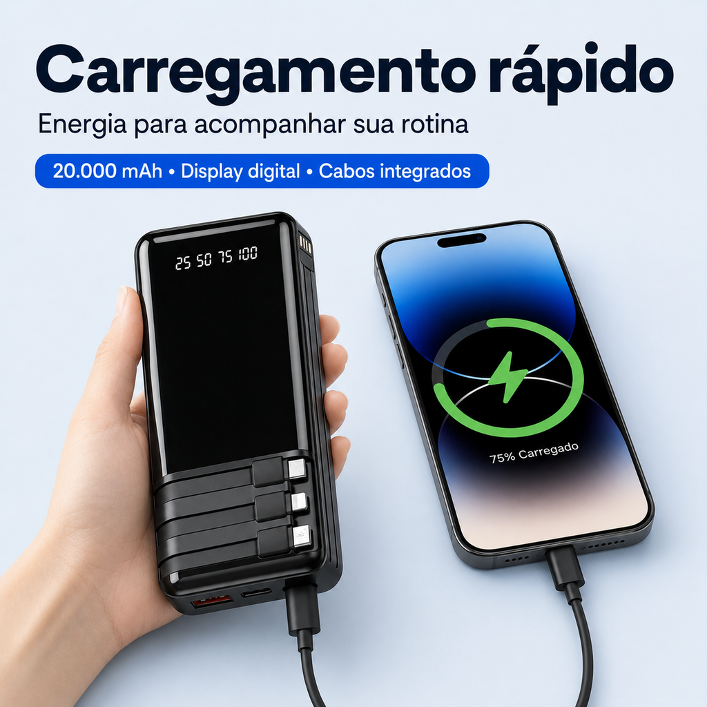 Powerbank 20.000mAh Carregamento Rápido para iPhone, Samsung e Xiaomi