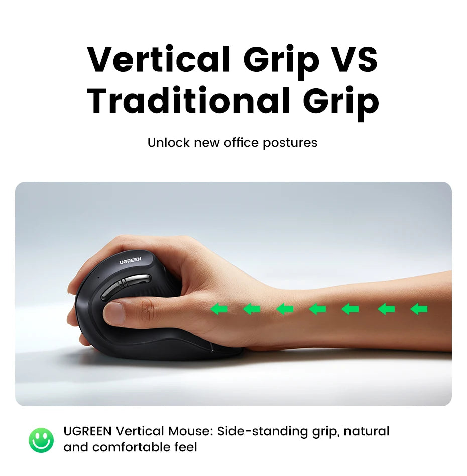 Mouse Vertical Ergonômico UGREEN Sem Fio — Bluetooth + 2.4G, 4000DPI Recarregável
