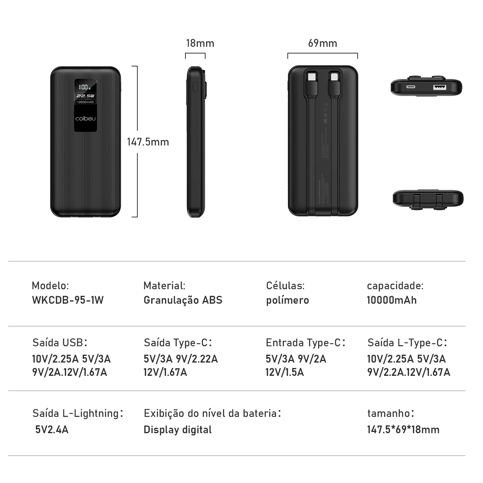 Powerbank 10.000mAh Portátil para iPhone, Samsung e Xiaomi