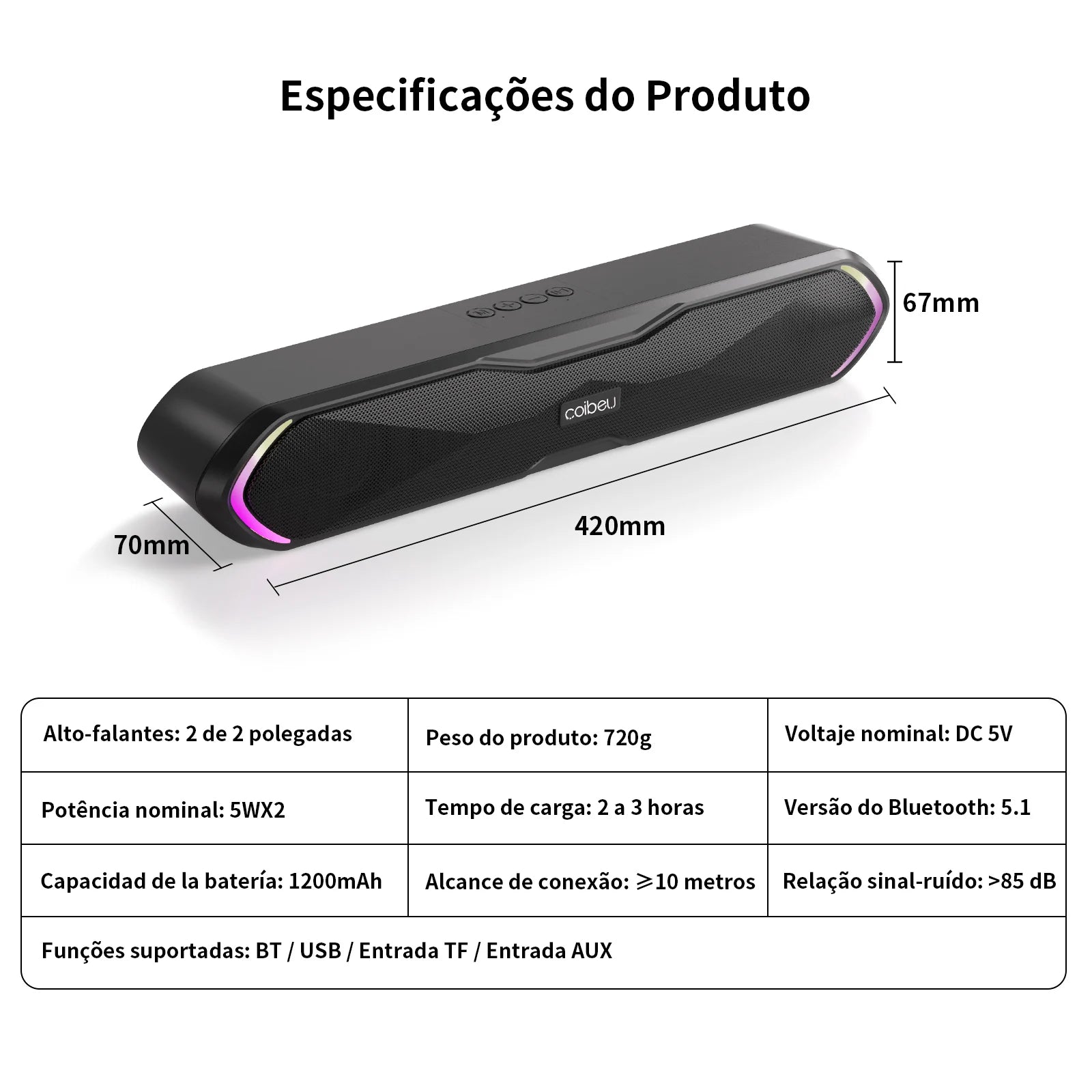Caixa de Som Bluetooth Portátil Soundbar para PC e Celular