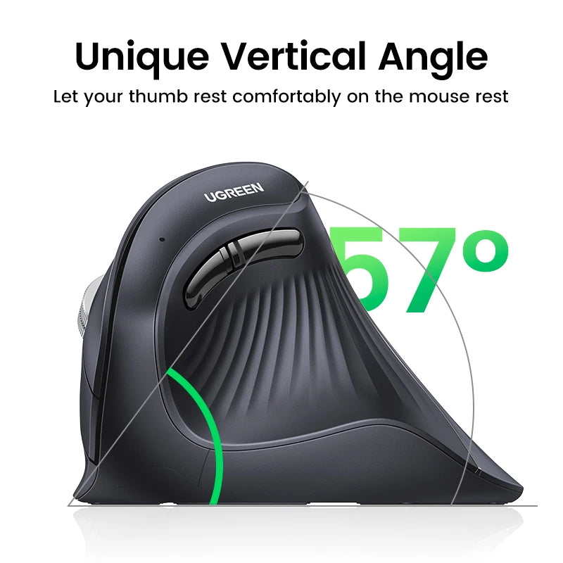 Mouse Vertical Ergonômico UGREEN Sem Fio — Bluetooth + 2.4G, 4000DPI Recarregável