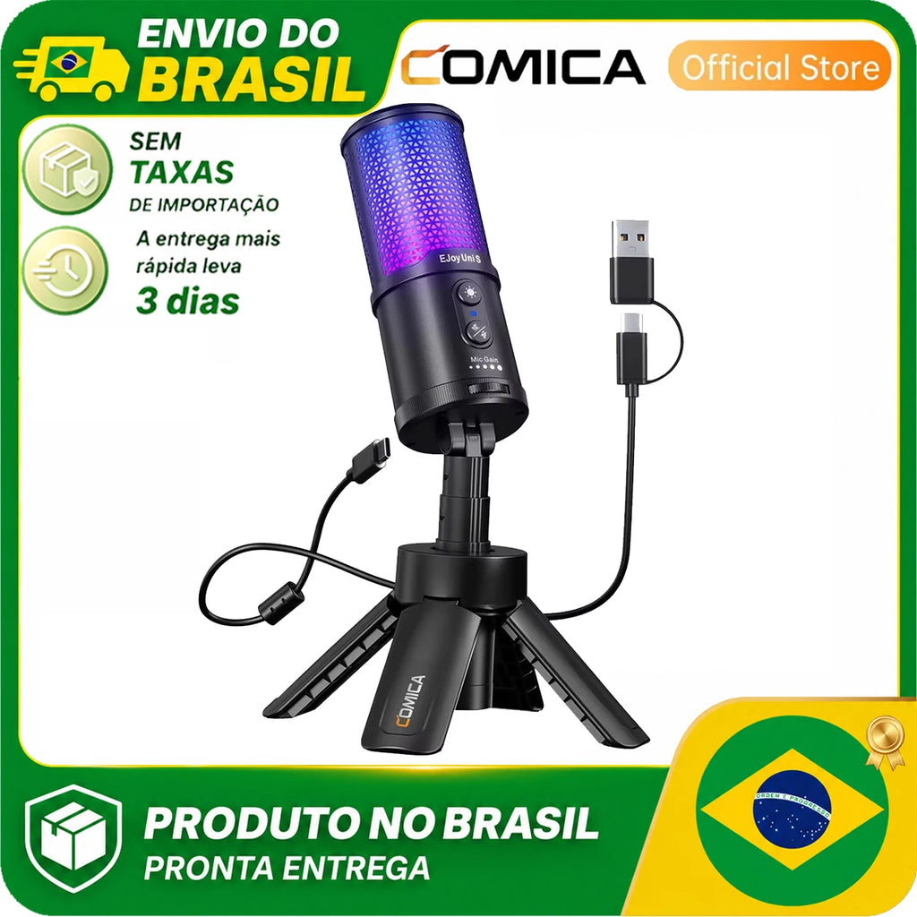 Microfone Gamer COMICA Ejoy Uni S USB com RGB e Controle de Ganho