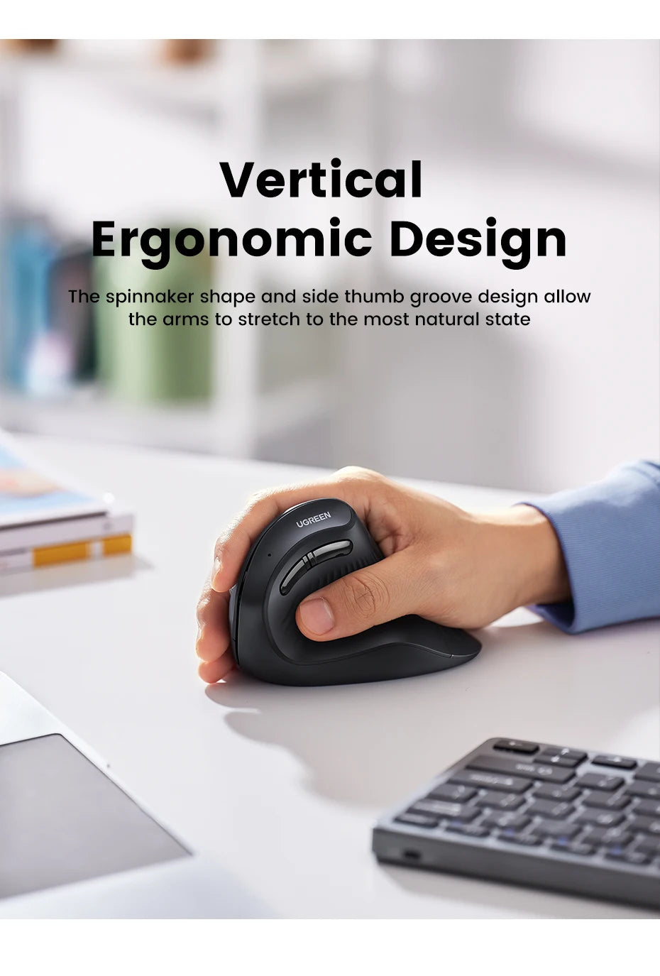 Mouse Vertical Ergonômico UGREEN Sem Fio — Bluetooth + 2.4G, 4000DPI Recarregável