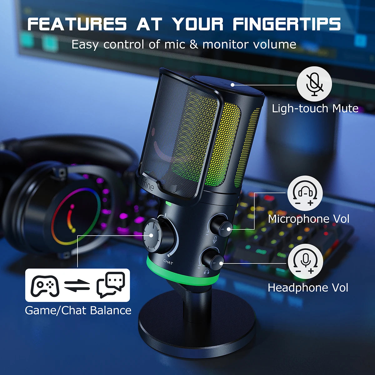 Microfone Gamer FIFINE AM6 USB com RGB e Cancelamento de Ruído