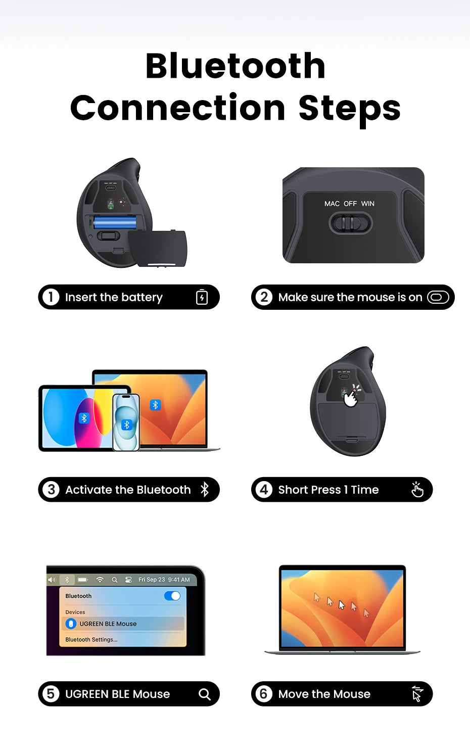 Mouse Vertical Ergonômico UGREEN Sem Fio — Bluetooth + 2.4G, 4000DPI Recarregável