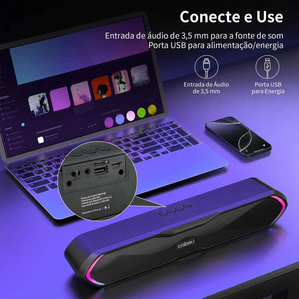 Caixa de Som Bluetooth Portátil Soundbar para PC e Celular