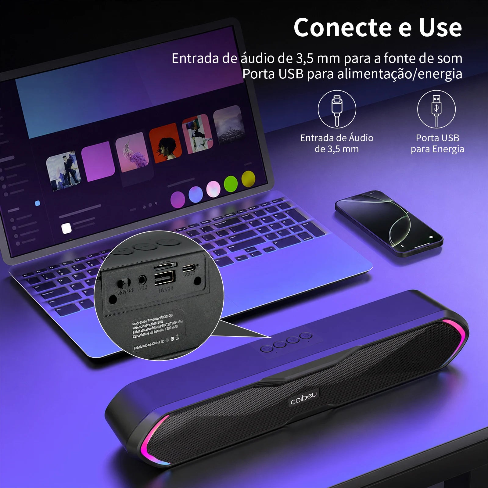 Caixa de Som Bluetooth Portátil Soundbar para PC e Celular