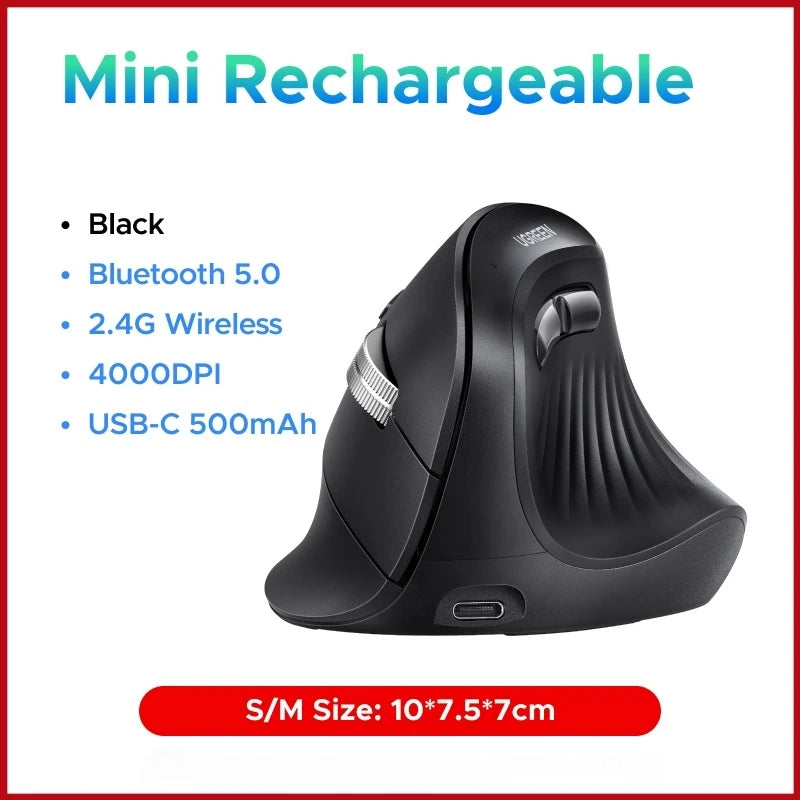 Mouse Vertical Ergonômico UGREEN Sem Fio — Bluetooth + 2.4G, 4000DPI Recarregável