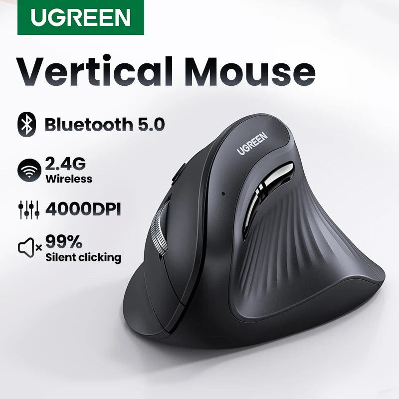 Mouse Vertical Ergonômico UGREEN Sem Fio — Bluetooth + 2.4G, 4000DPI Recarregável