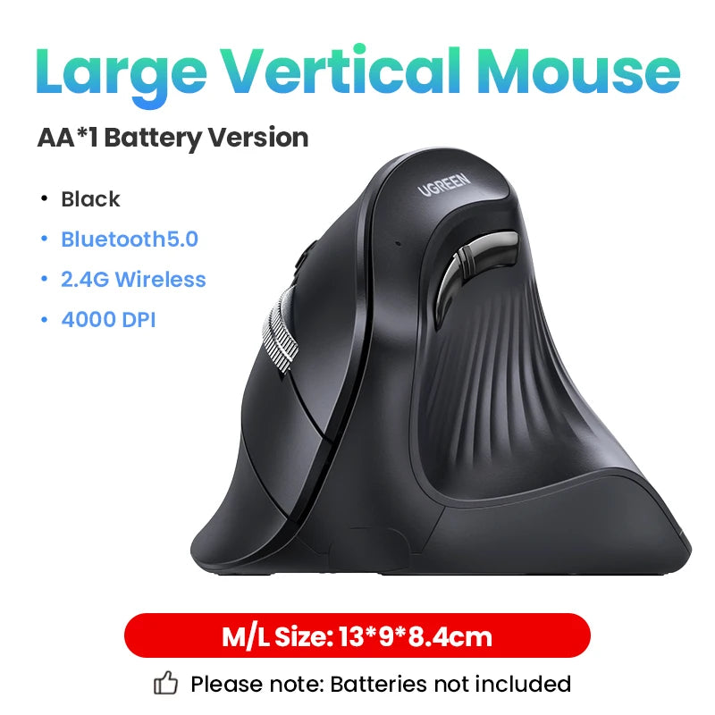 Mouse Vertical Ergonômico UGREEN Sem Fio — Bluetooth + 2.4G, 4000DPI Recarregável