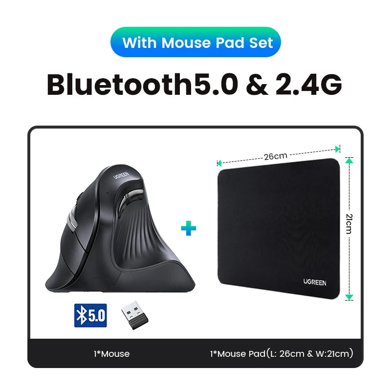 Mouse Vertical Ergonômico UGREEN Sem Fio — Bluetooth + 2.4G, 4000DPI Recarregável
