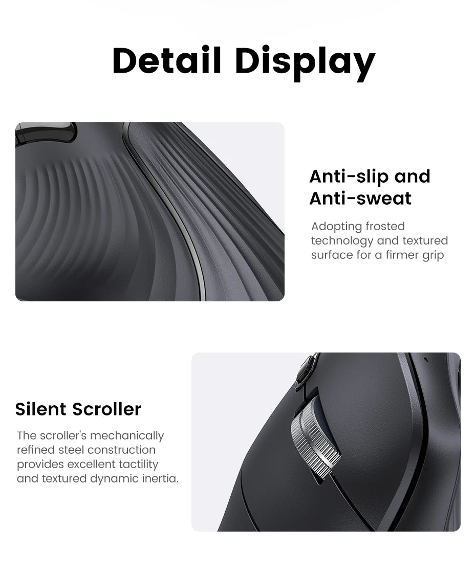 Mouse Vertical Ergonômico UGREEN Sem Fio — Bluetooth + 2.4G, 4000DPI Recarregável