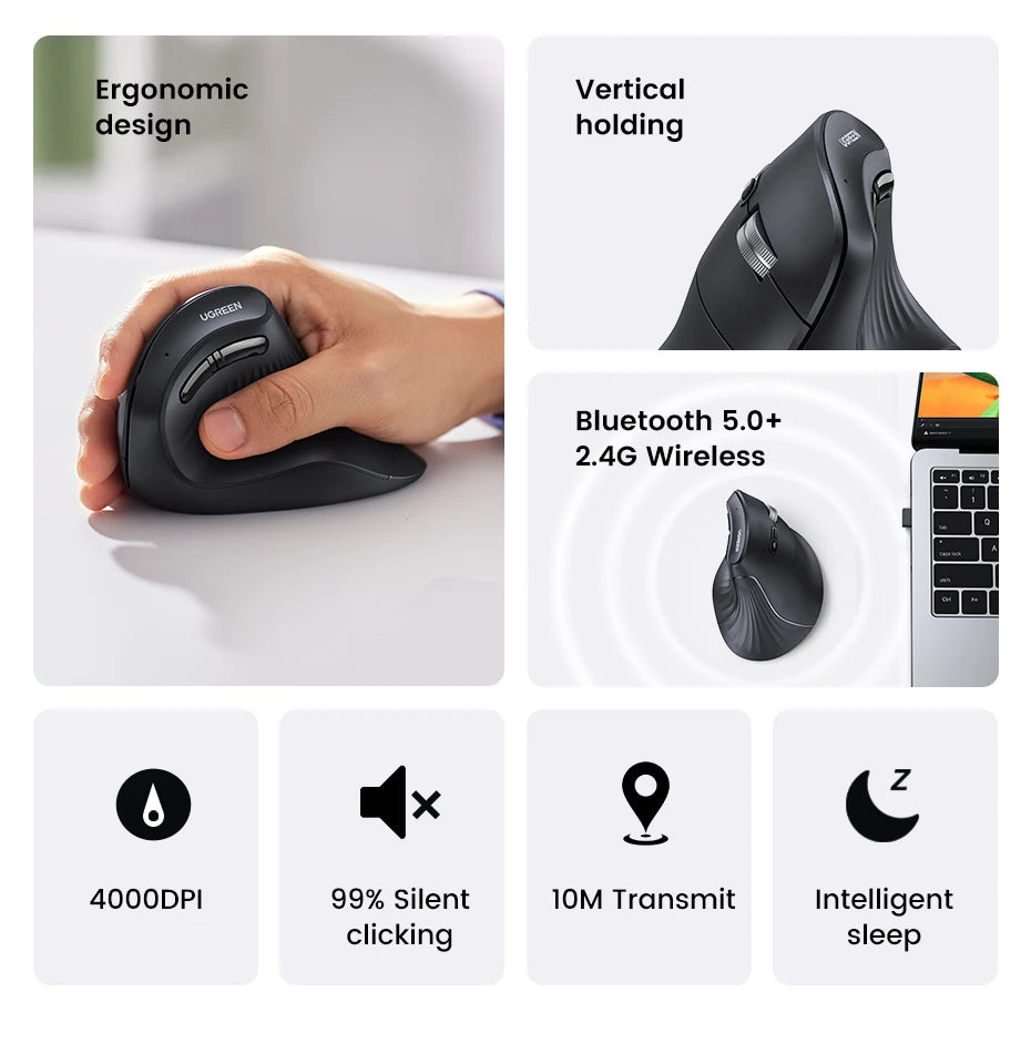 Mouse Vertical Ergonômico UGREEN Sem Fio — Bluetooth + 2.4G, 4000DPI Recarregável