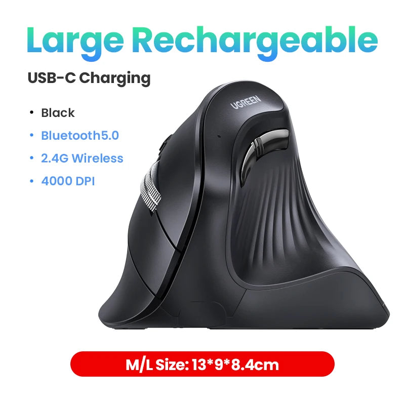Mouse Vertical Ergonômico UGREEN Sem Fio — Bluetooth + 2.4G, 4000DPI Recarregável