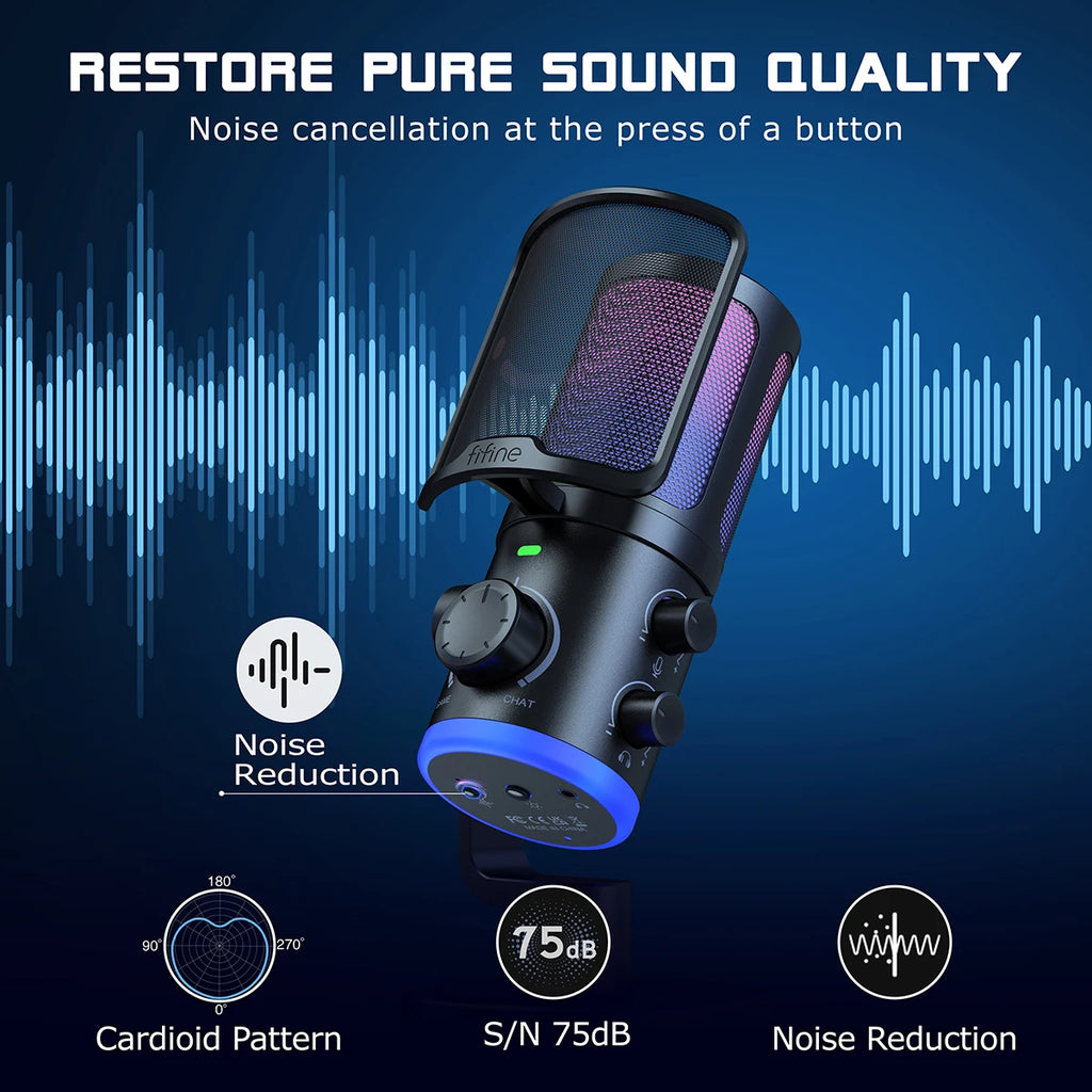 Microfone Gamer FIFINE AM6 USB com RGB e Cancelamento de Ruído