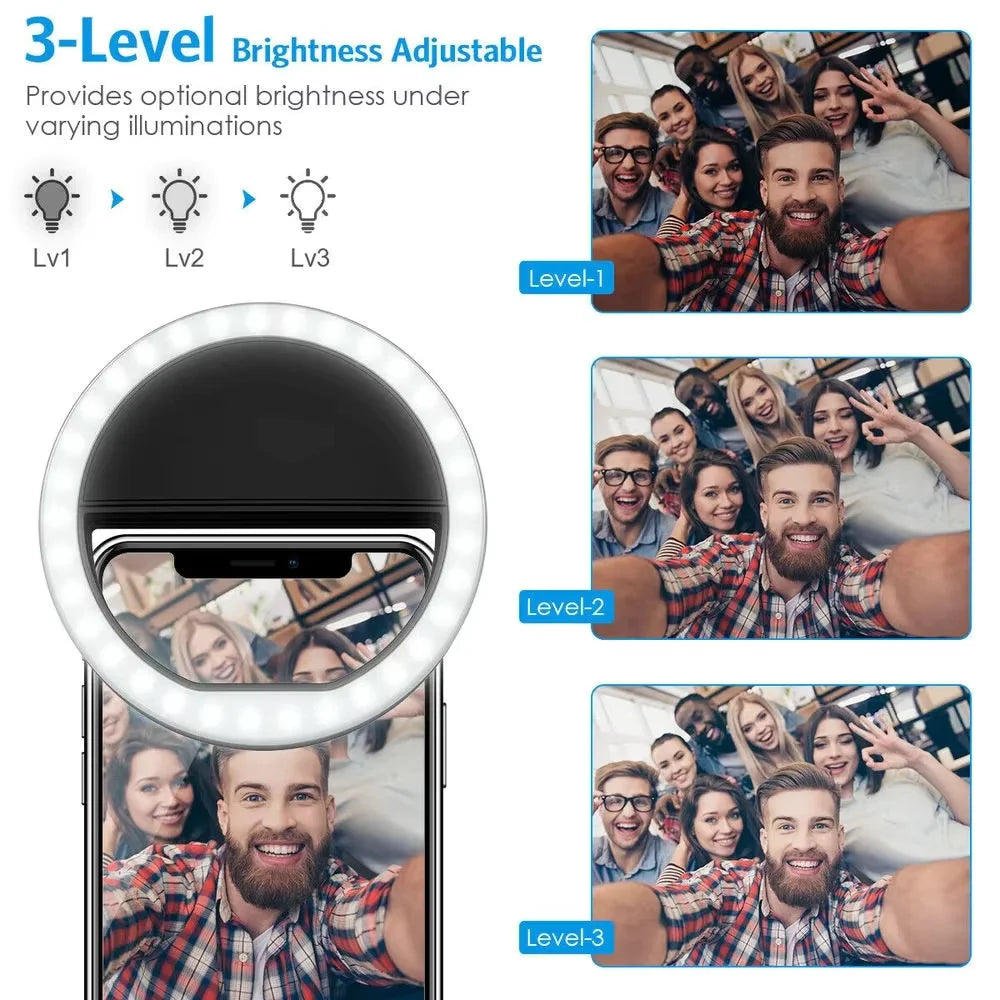 Ring Light LED para Celular com Brilho Ajustável e Clip Universal