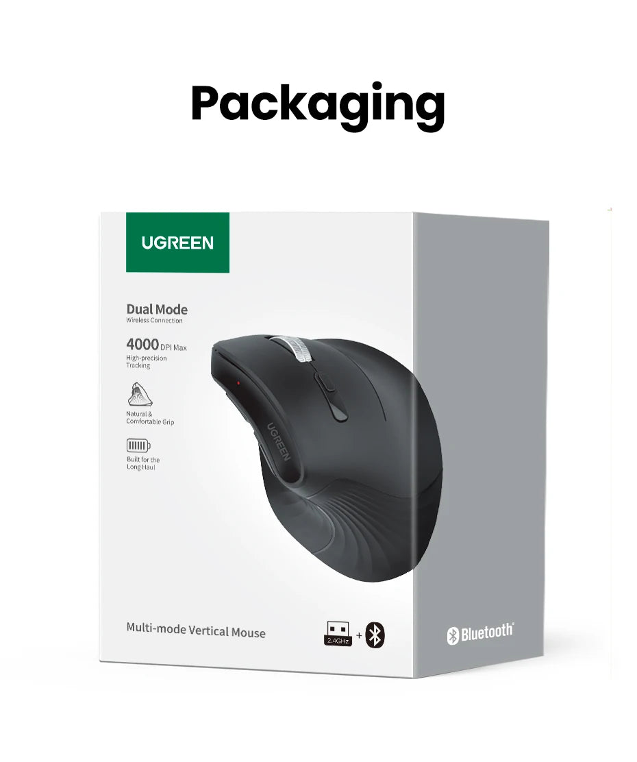 Mouse Vertical Ergonômico UGREEN Sem Fio — Bluetooth + 2.4G, 4000DPI Recarregável