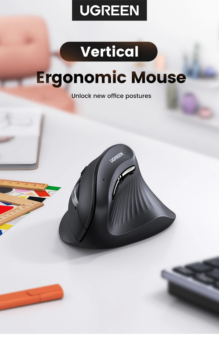 Mouse Vertical Ergonômico UGREEN Sem Fio — Bluetooth + 2.4G, 4000DPI Recarregável